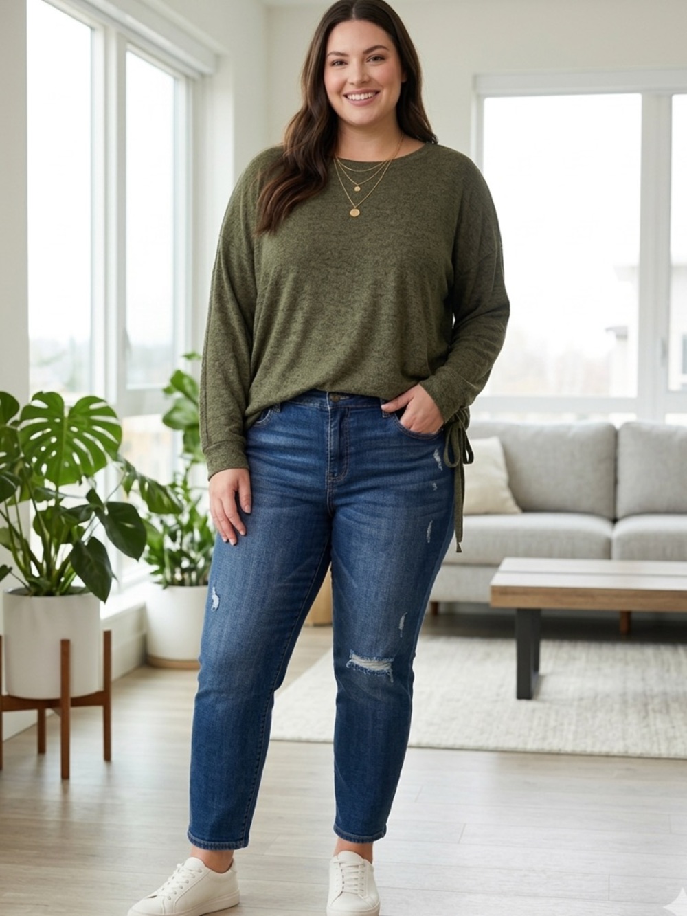 Market & Spruce Green Brushed Knit Crewneck Pullover Sweater Ruched Side Tie 1X